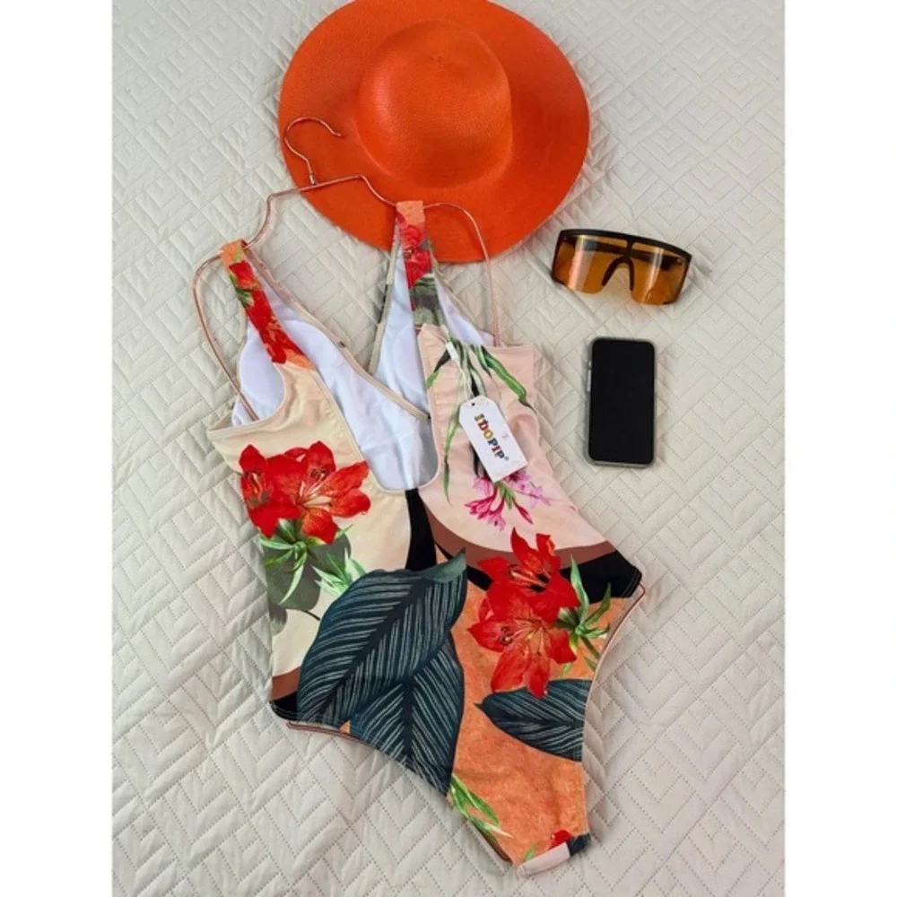IDOPIP Floral One‎ Piece Swimsuit Padded Wrap Front Tropical Print Beachwear M